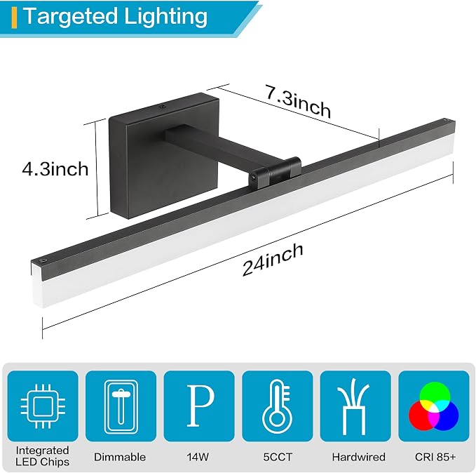 SOLFART 23.6 inch Black Bathroom Light Fixture 5 Color Temperature Dimmable LED - Image 4
