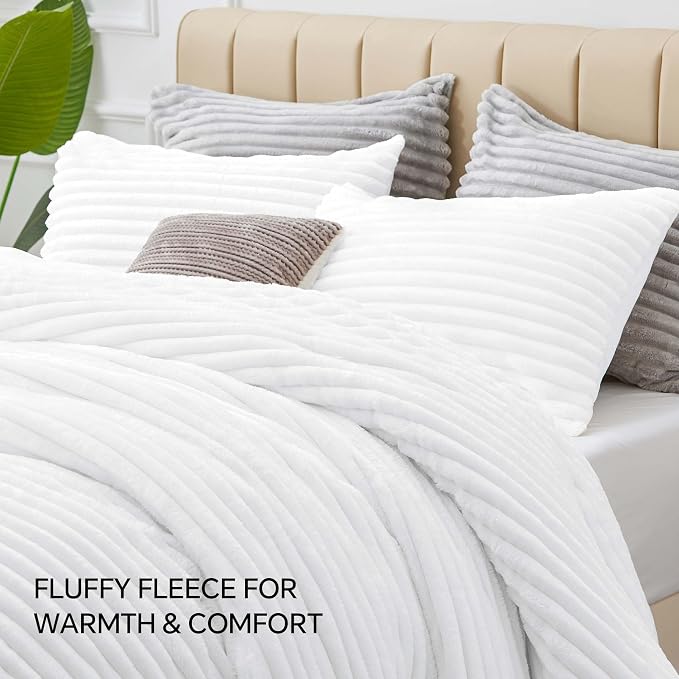 BEDELITE Fleece Queen Comforter Set -Super Soft & Warm Fluffy Bright White - Image 8