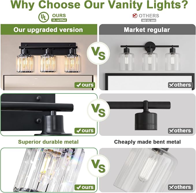 Vanity Light, 3-Light Modern Crystal Black Bathroom Light - Image 3