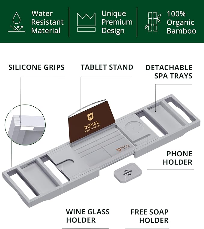ROYAL CRAFT WOOD Premium Foldable Bathtub Tray Caddy - Image 2