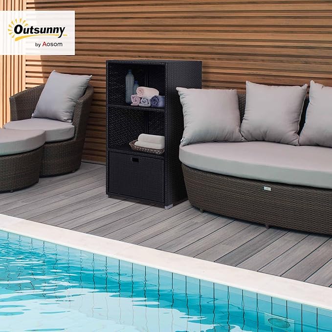 Outsunny Valet Pool Towel Rack, Waterproof PE Plastic Rattan Wicker Storage - Image 2