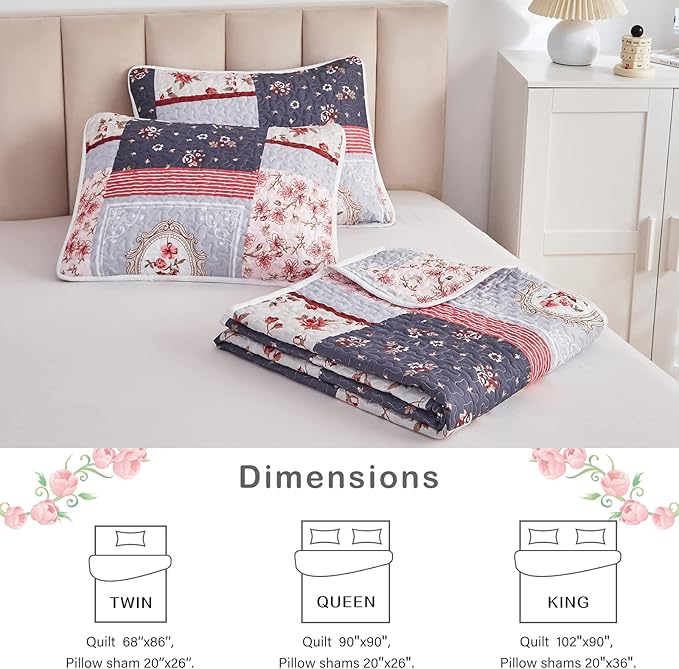 Patchwork Quilt Set Twin Size, 2 Pieces Pink Purple Floral Plaid Design Summer - Image 7