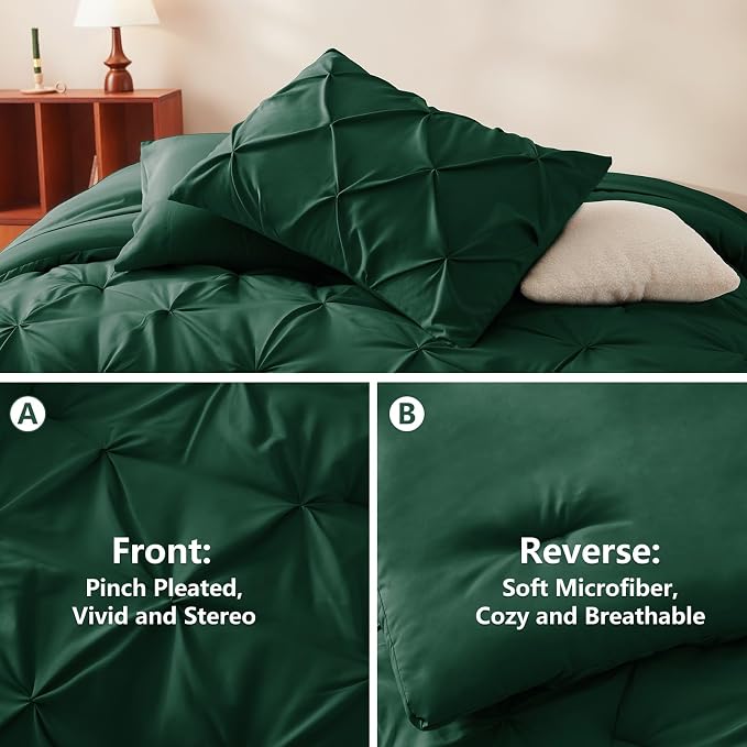 HIMEET Pintuck Bed in a Bag, 7 Pieces Queen Size Comforter Set Emerald Green - Image 3