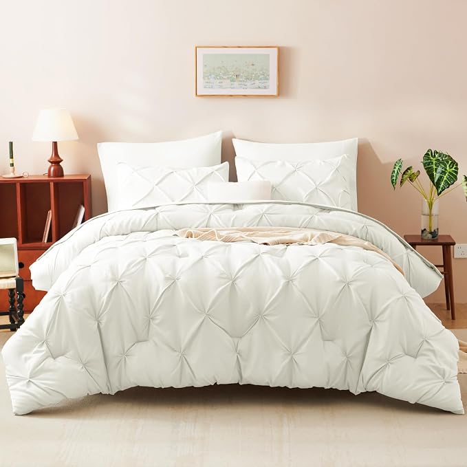 HIMEET Pintuck Bed in a Bag, 7 Pieces King Size Comforter Set Ivory, Luxury - Image 8