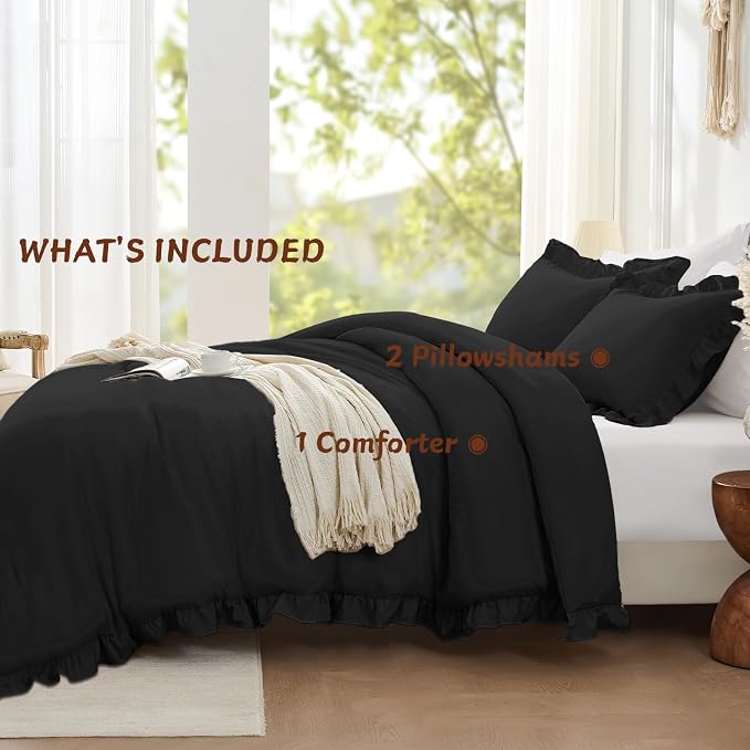 FUANNA Full Size Comforter Sets Black, 3 Pieces Ruffle Full Size Bedding Sets - Image 5