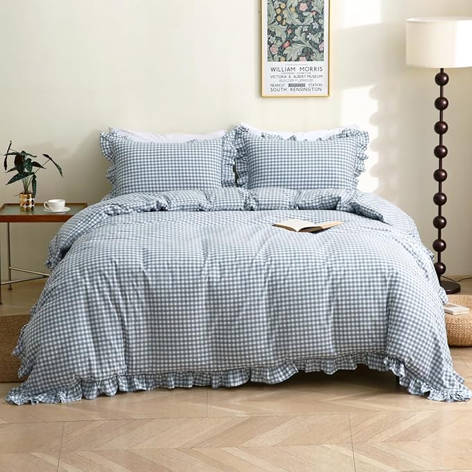 Silnuo Light Blue/White Plaid Ruffle Duvet Cover King Size, 100% Washed Cotton by Silnuo