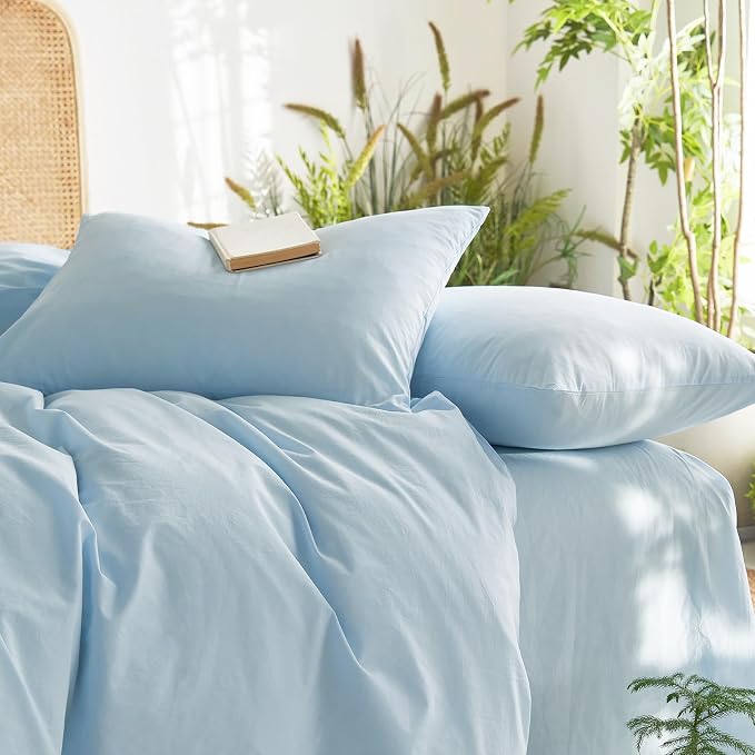 Wake In Cloud - Cotton Duvet Cover Set, Twin Size, Sky Blue, 100% Washed Cotton - Image 6