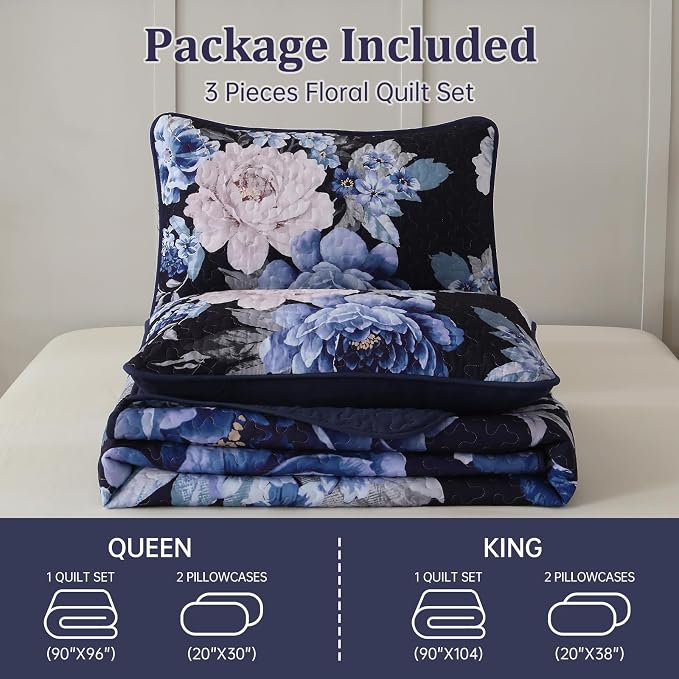WONGS BEDDING Navy Boho Floral Quilt Set King, 3 Pieces Elegant Blue Flower - Image 8
