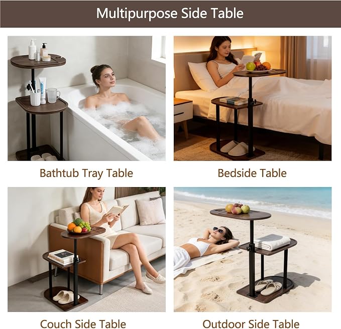 3 Layer Bathtub Tray Table, Bamboo Swivel Bathtub Side Table Height Adjustable - Image 7