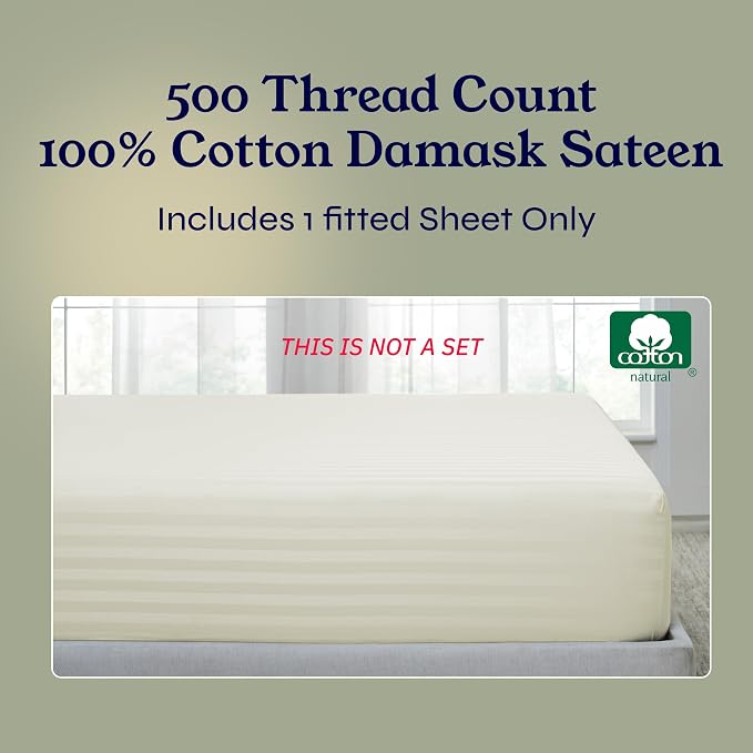 California Design Den Cotton Sateen Damask Stripe Queen Size Fitted Sheet Only - Image 5