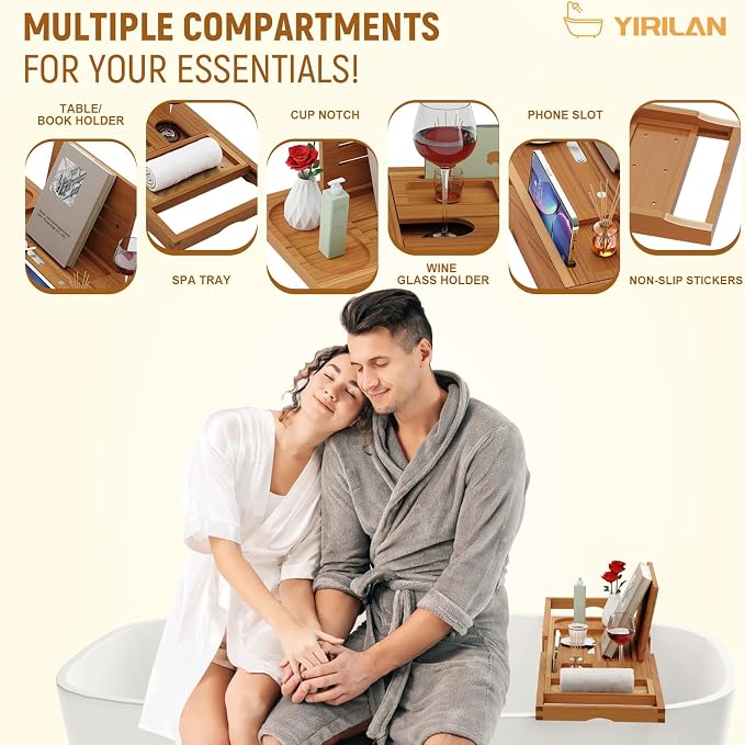 Yirilan Teak Bathtub Tray for Tub, Bath Table Tray for Tub Wood, Bathtub Caddy - Image 3
