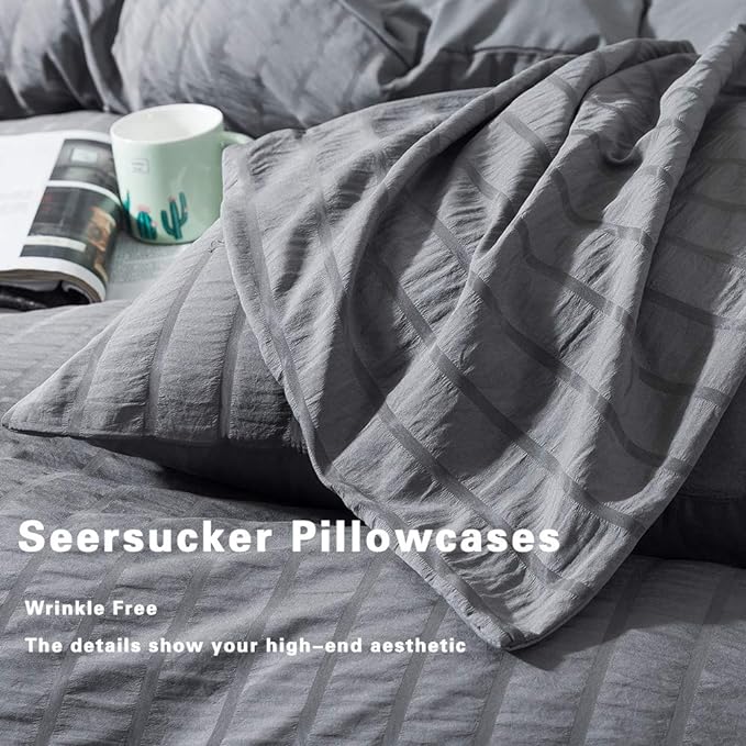 AveLom Seersucker Duvet Cover Set King Size, 3 Pieces, Dark Gray Ultra Soft - Image 5