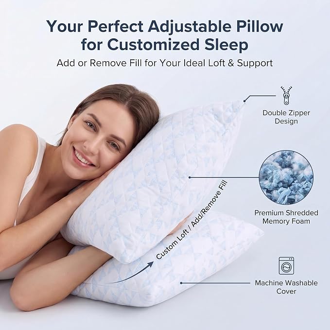Meoflaw Adjustable Memory Foam Bed Pillows:King Size Shredded Foam Pillow Set - Image 2