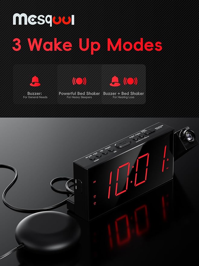 Mesqool Projection Alarm Clock, Loud Vibrating Alarm Clock - Image 5
