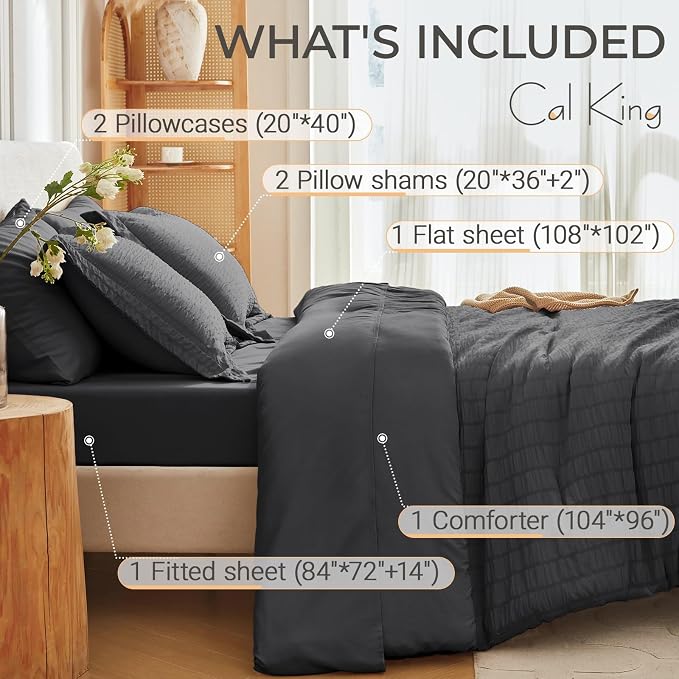 MUXHOMO 7 Pieces California King Comforter Set, Seersucker Bed in a Bag Cal - Image 4