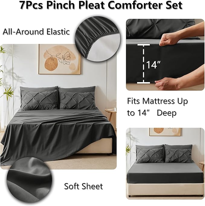 HIMEET Pintuck Bed in a Bag, 7 Pieces Queen Size Comforter Set Dark Grey - Image 6