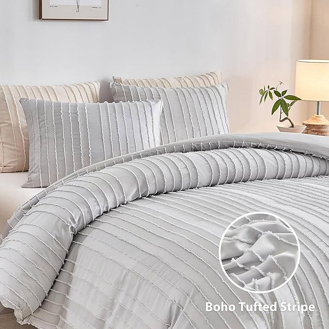 WARMDERN Light Grey Tufted Duvet Cover Set Queen Size, Striped Textured Duvet - Image 2
