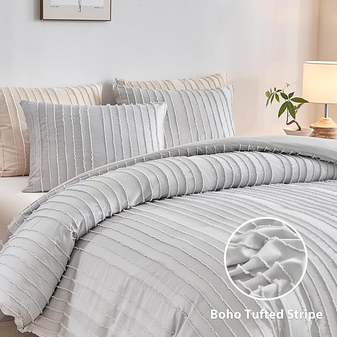 WARMDERN King Boho Duvet Cover Set, Light Grey Striped Microfiber 3pcs Bedding - Image 2