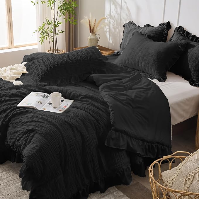 JOLLYVOGUE Black Queen Comforter Set, 3 Pieces Seersucker Comforters Queen Size - Image 7