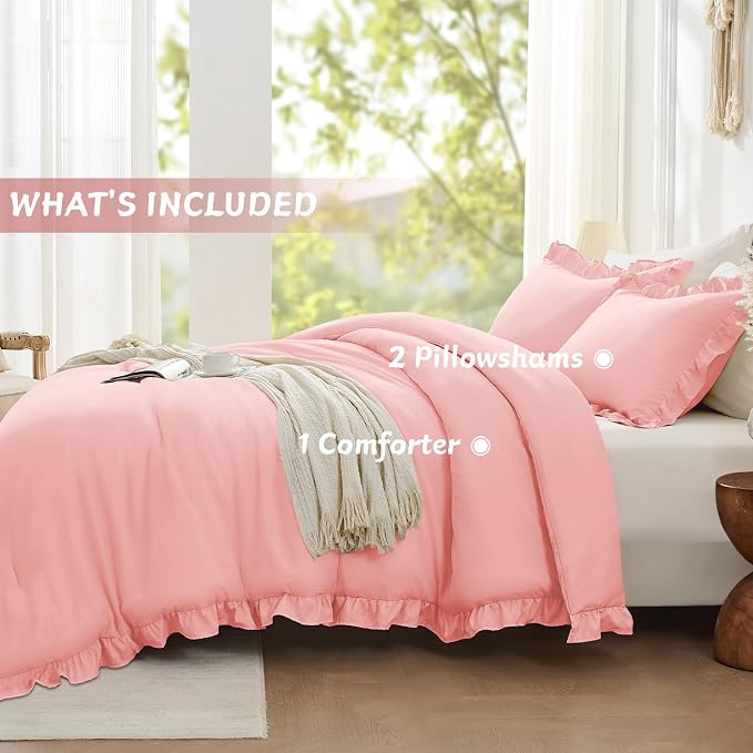 FUANNA Pink Queen Comforter Set, 3 Pieces Ruffle Queen Bed Set, Fluffy Bed in a - Image 7
