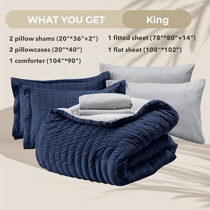 HYMOKEGE Navy Blue/Light Grey King Size Comforter Set Seersucker 7 Pieces - Image 5