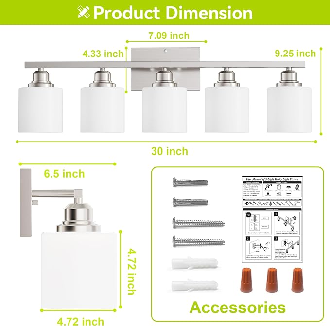 Sailstar 5-Light Bathroom Light Fixture, Brushed Nickel Vanity Lights Over - Image 6