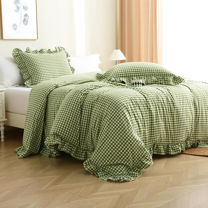 Silnuo Olive Green/White Checkered Ruffle 3-Piece Duvet Cover Set Full Size by Silnuo