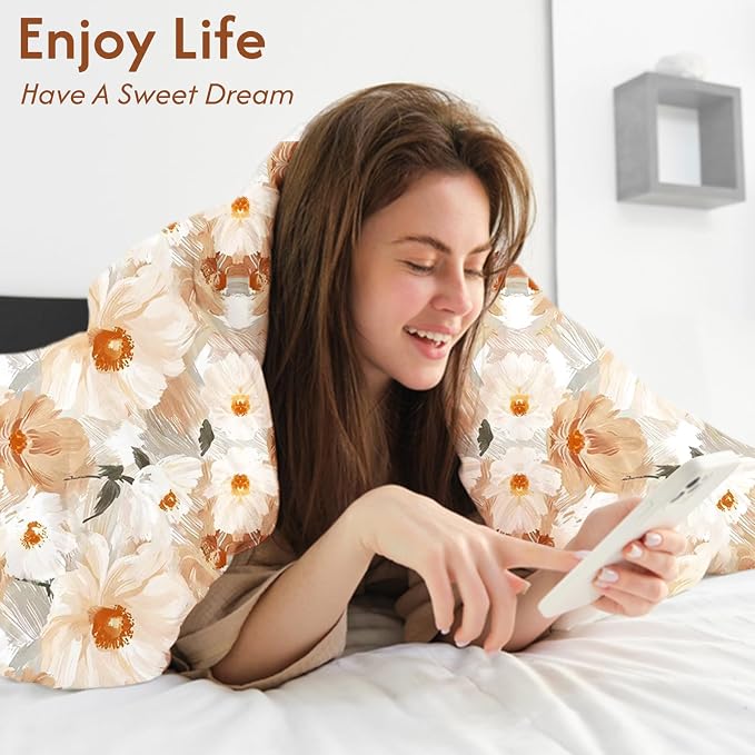 LONAVA King Flower 3 Pcs Duvet Cover Set, Breathable Soft Microfiber Biege - Image 4