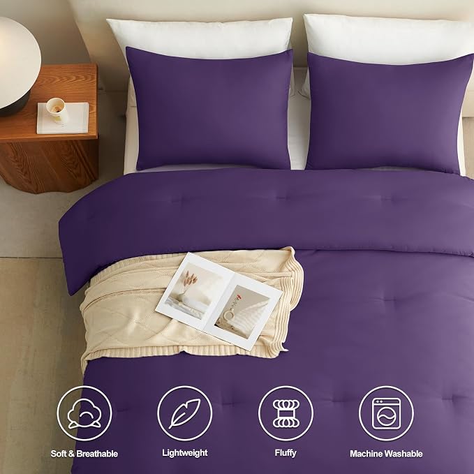 CozyLux Full Size Comforter Set Purple, 3 Pieces Solid Breathable Quilted - Image 5