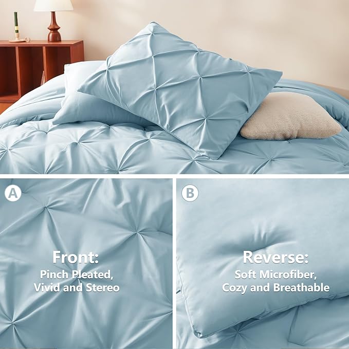 CozyLux Queen Comforter Set Light Blue, 7 Pieces Pintuck Bed in A Bag, Premium - Image 3