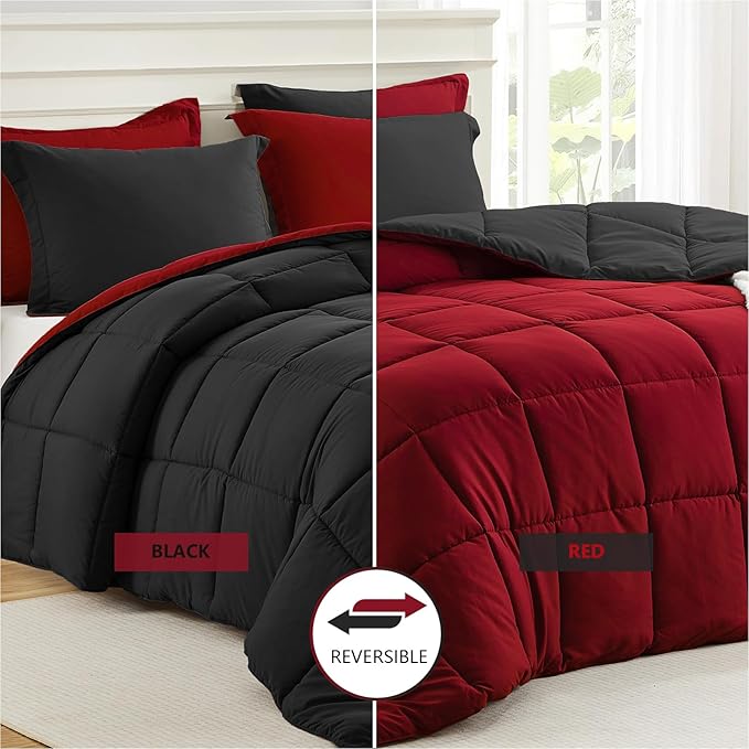 Homelike Moment Queen Comforter Set Black, Lightweight Reversible Red - Image 2