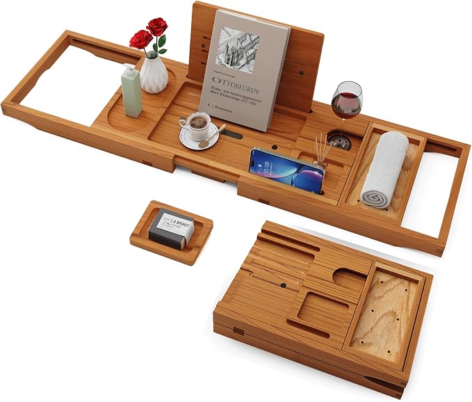 Yirilan Teak Bathtub Tray for Tub, Bath Table Tray for Tub Wood, Bathtub Caddy by Yirilan