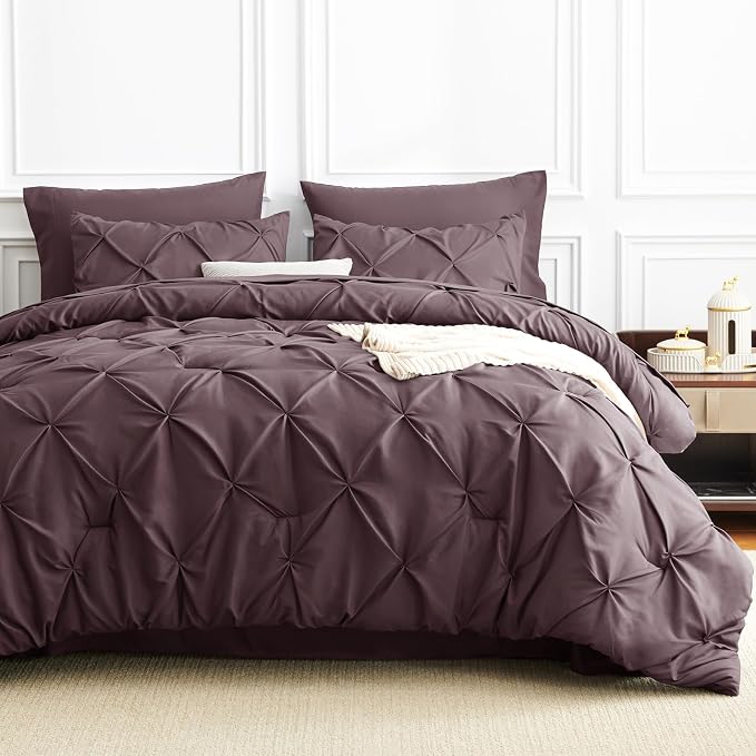 CozyLux Queen Comforter Set Cocoa Powder, 7 Pieces Pintuck Bed in A Bag - Image 9