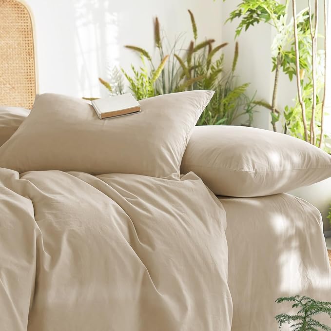 Wake In Cloud - Cotton Duvet Cover Set, Queen Size, Khaki Linen Color, 100% - Image 6