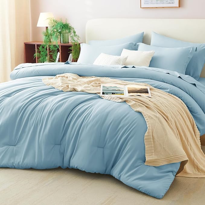 CozyLux King Size Comforter Set Light Blue, 7 Pieces Bed in a Bag King by CozyLux