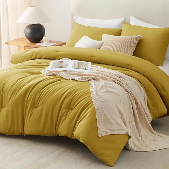 CozyLux King Size Comforter Set Mustard Yellow, 3 Pieces Solid Comforters King - Image 9