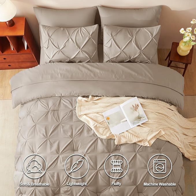 CozyLux King Size Comforter Set Khaki, 7 Pieces Pintuck Bed in A Bag Khaki - Image 2