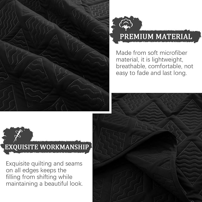 Yiran Quilt Queen Size Bedding Set Black Bedspreads Embossed Diamond Pattern - Image 7