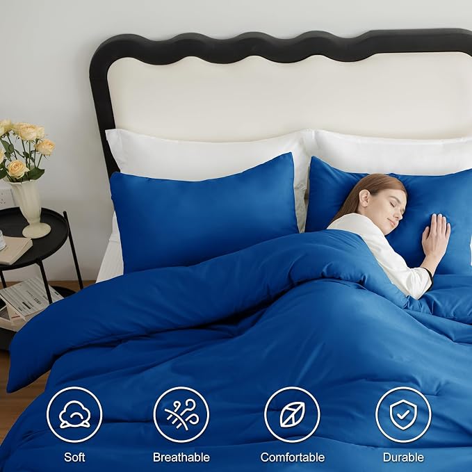 CozyLux Queen Comforter Set Classic Blue, 3 Pieces Solid Comforters Queen Size - Image 5