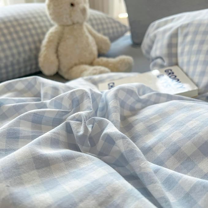 mixinni Light Blue Gingham Duvet Cover Set Twin XL Size - Image 9