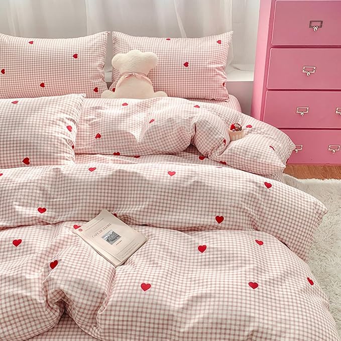 Nayoroom Gingham Duvet Cover Full Size Pink Plaid Red Heart Printed on White - Image 6