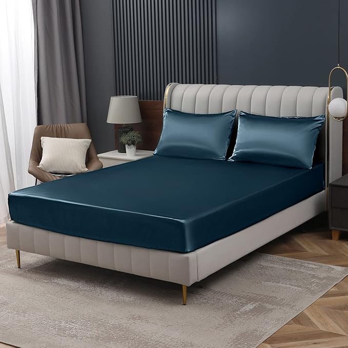 Homiest Deep Sea Blue Satin Fitted Sheet Queen Size, Deep Pocket, Luxury & by Homiest