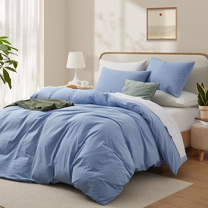 LOVQUE Light Blue Duvet Cover Full Size, 100% Washed Cotton Linen Like Bedding - Image 2