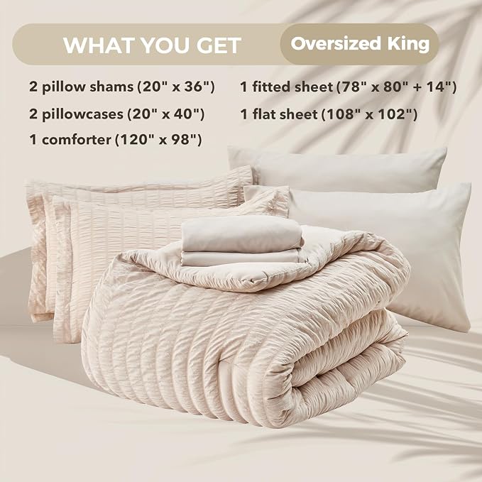 HYMOKEGE Beige Oversized King Comforter Set Seersucker 7 Pieces, All Season - Image 6