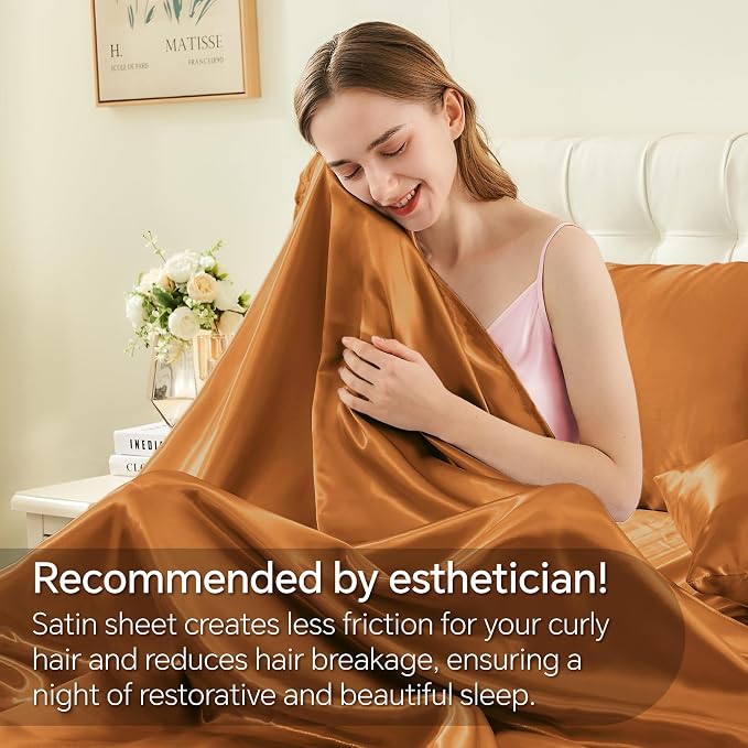 BEDELITE Satin Sheets Twin XL Size Bed Set, Luxury Soft Burnt Orange Silky - Image 4