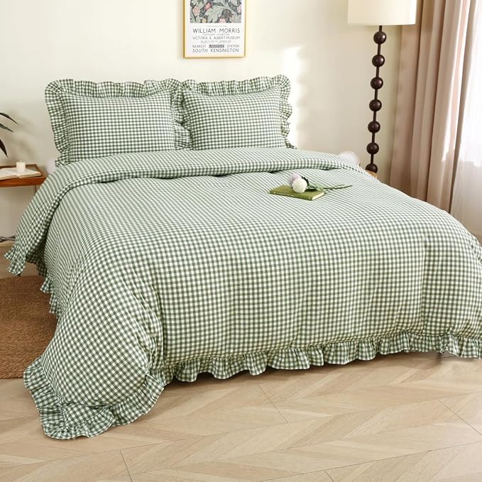 Silnuo Sage Green/White Plaid Ruffle Duvet Cover King Size, 100% Washed Cotton - Image 2