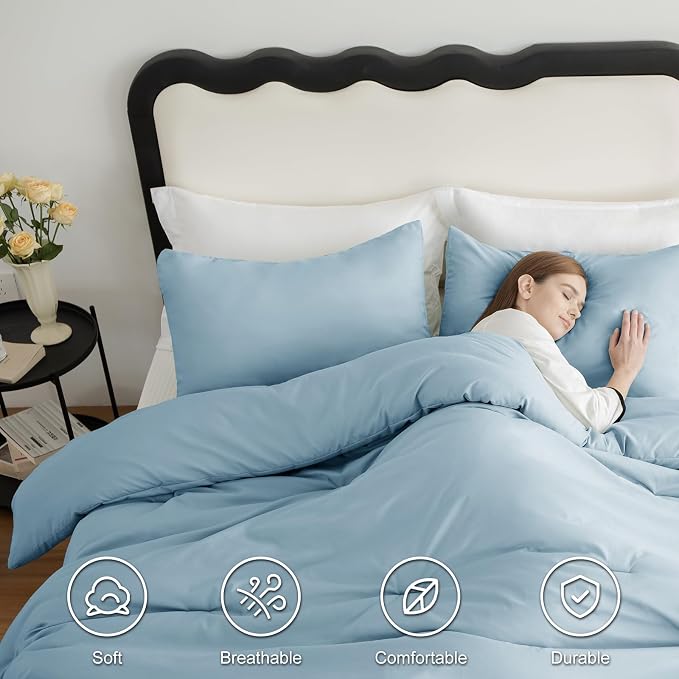 CozyLux Full Size Comforter Set Light Blue, 3 Pieces Solid Breathable Quilted - Image 5