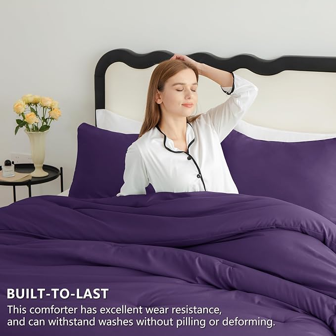 CozyLux Full Size Comforter Set Purple, 3 Pieces Solid Breathable Quilted - Image 3