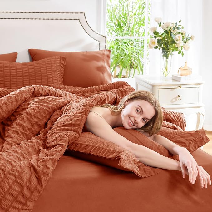 CozyLux Queen Comforter Set Burnt Orange Seersucker 7 Pieces Bed in a Bag Queen - Image 7