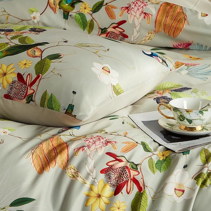 mixinni Duvet Cover Queen Size Set Floral Leaves Pattern Cotton Bird Printed - Image 5